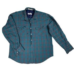 VTG Canyon Trails Plaid Flannel Shirt Button Rockabilly Green Blue Men’s Large